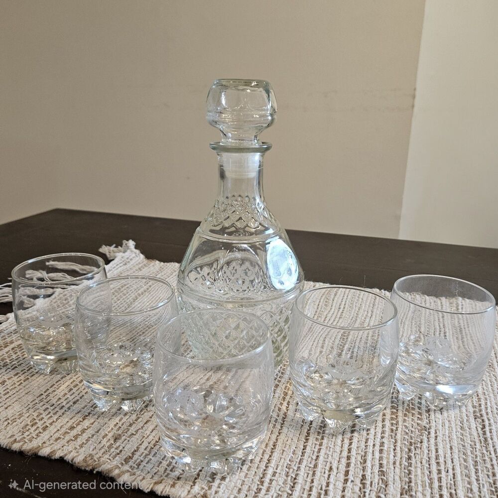 Vintage Crown Royal Decanter w/ Stopper & 5 Matching Made in Italy Rocks Glasses